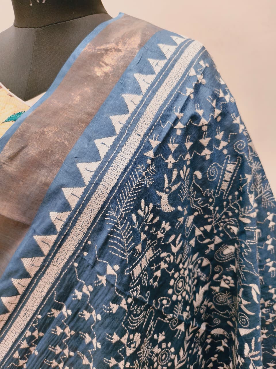 Zari Border Pure Tussar Kantha Stitch Dupatta SN26KD55
