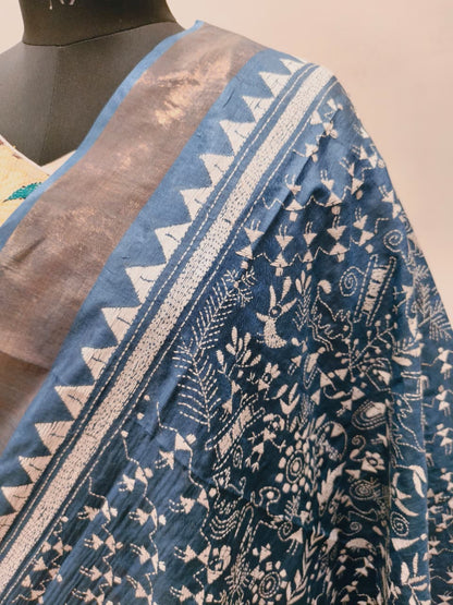 Zari Border Pure Tussar Kantha Stitch Dupatta SN26KD55