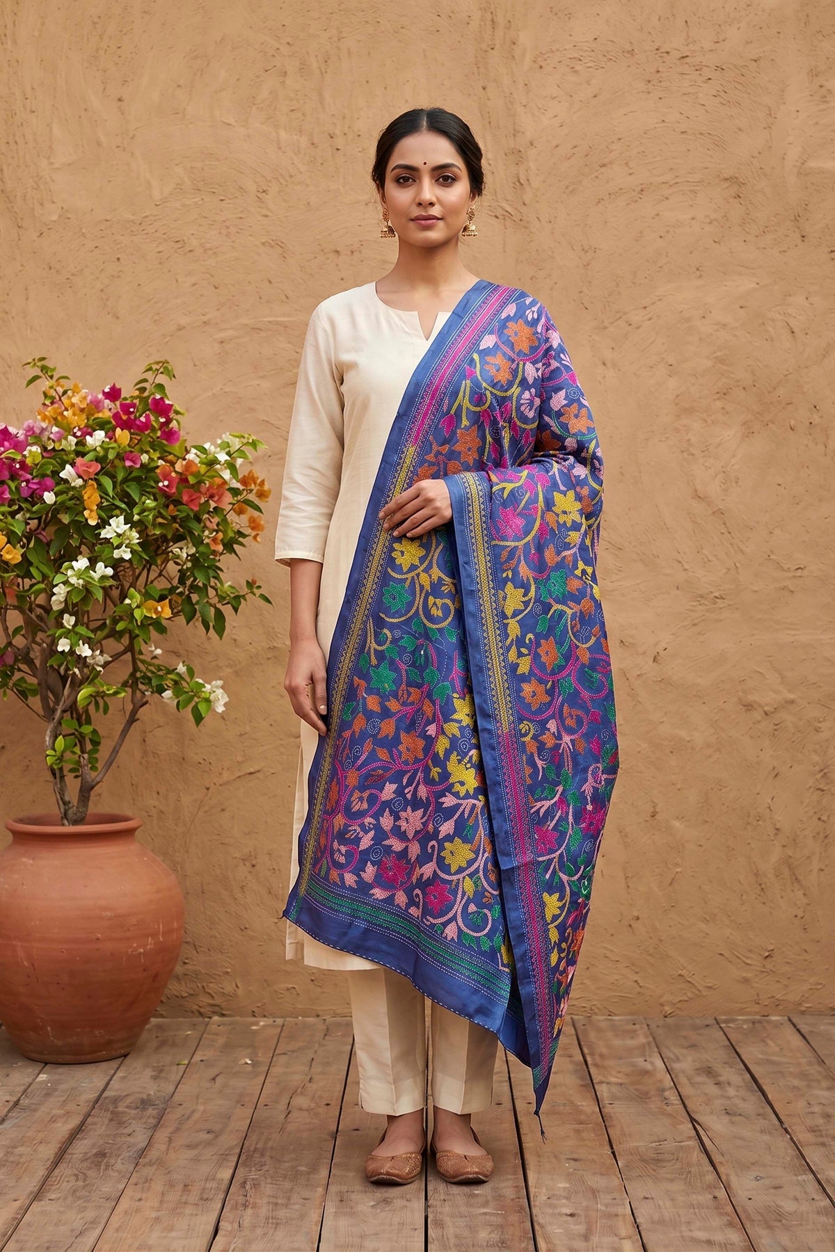Pure Tussar Kantha Stitch Dupatta SN26KD59