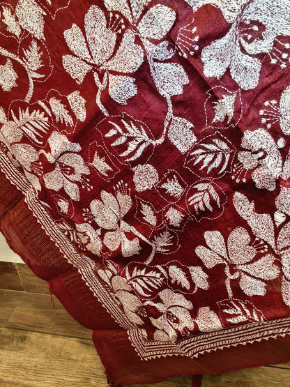 Zari Border Pure Tussar Kantha Stitch Dupatta SN26KD60