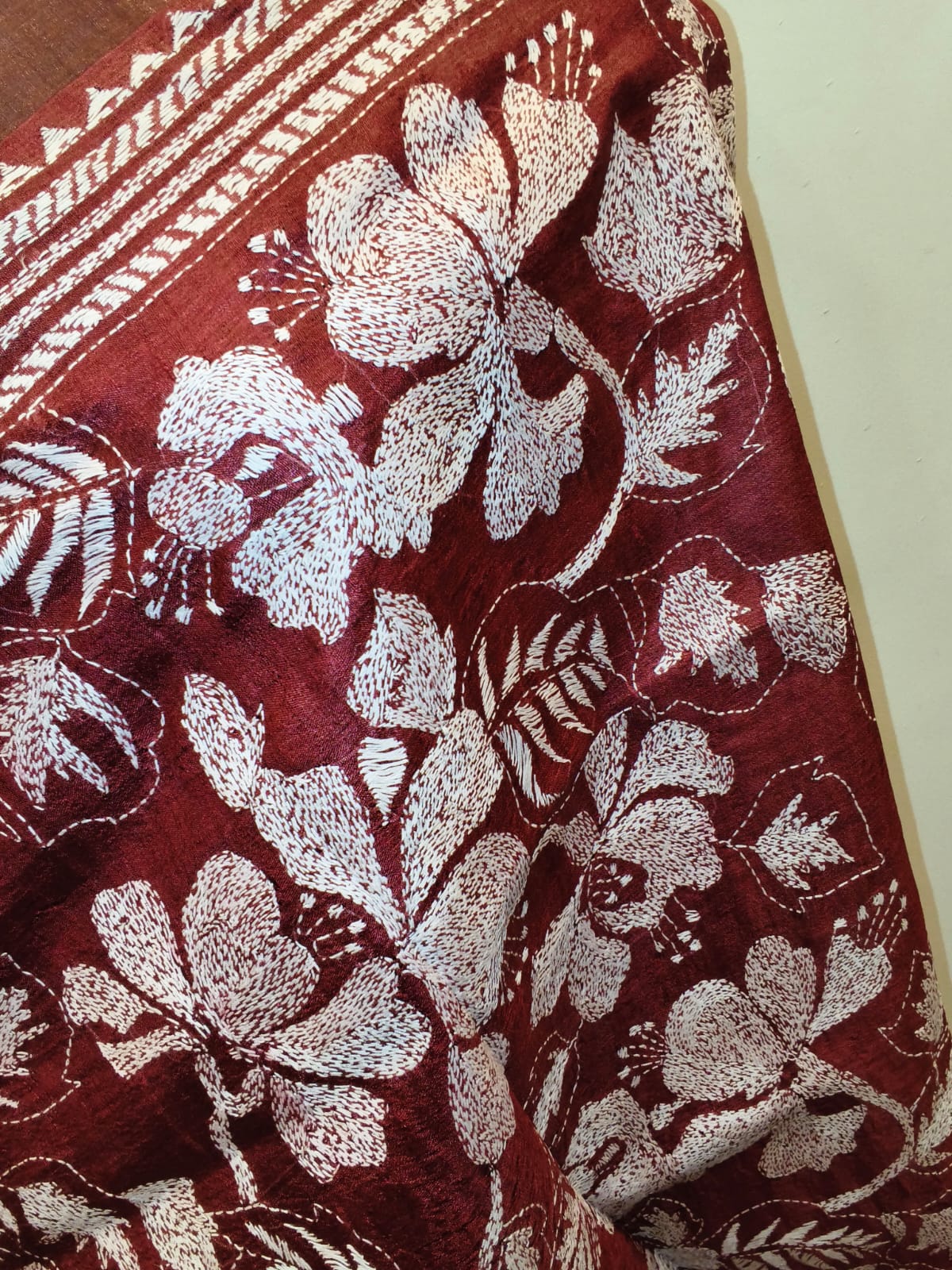 Zari Border Pure Tussar Kantha Stitch Dupatta SN26KD60