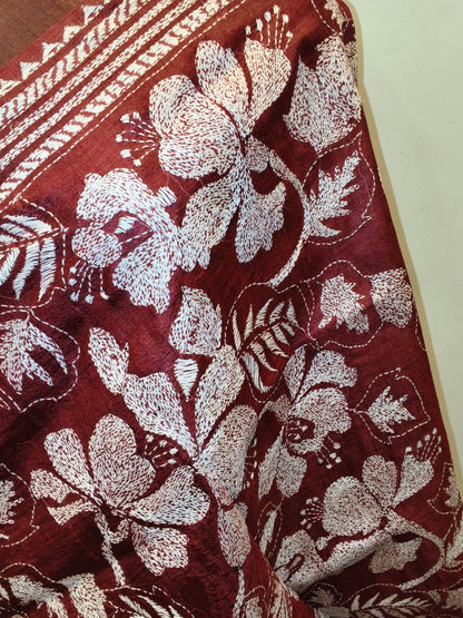 Zari Border Pure Tussar Kantha Stitch Dupatta SN26KD60