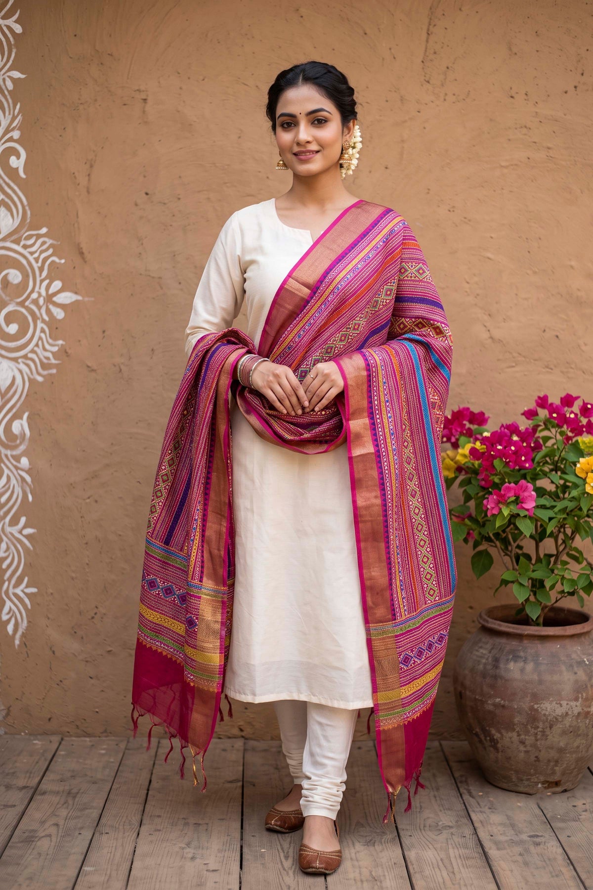 Pure Tussar Kantha Stitch Dupatta SN26KD73