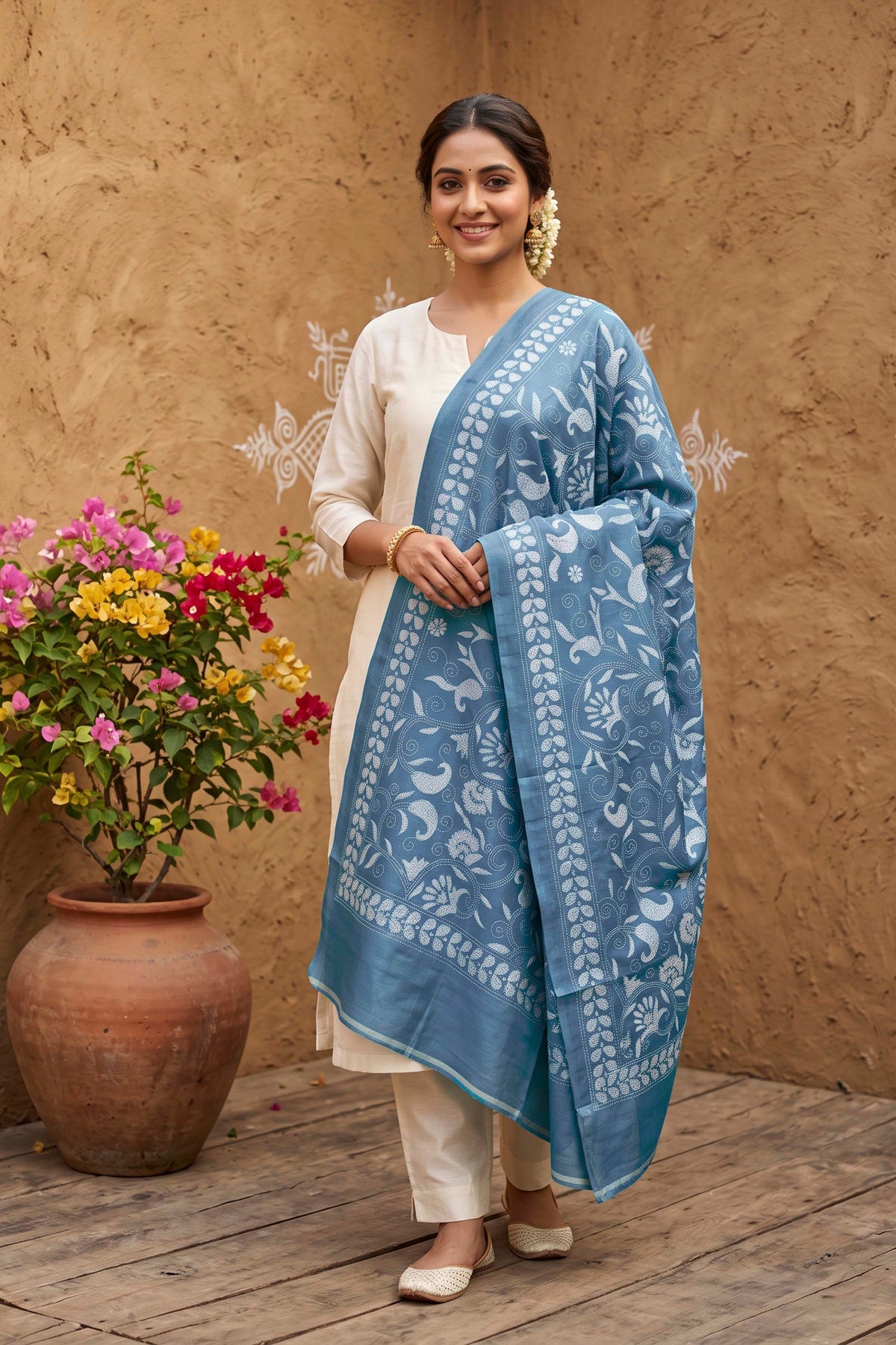 Pure Tussar Kantha Stitch Dupatta SN26KD77