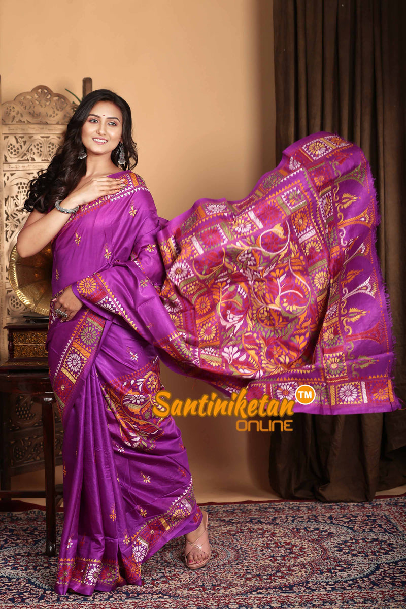 Pure Bangalore Silk Kantha Stitch Saree SN2023A6850