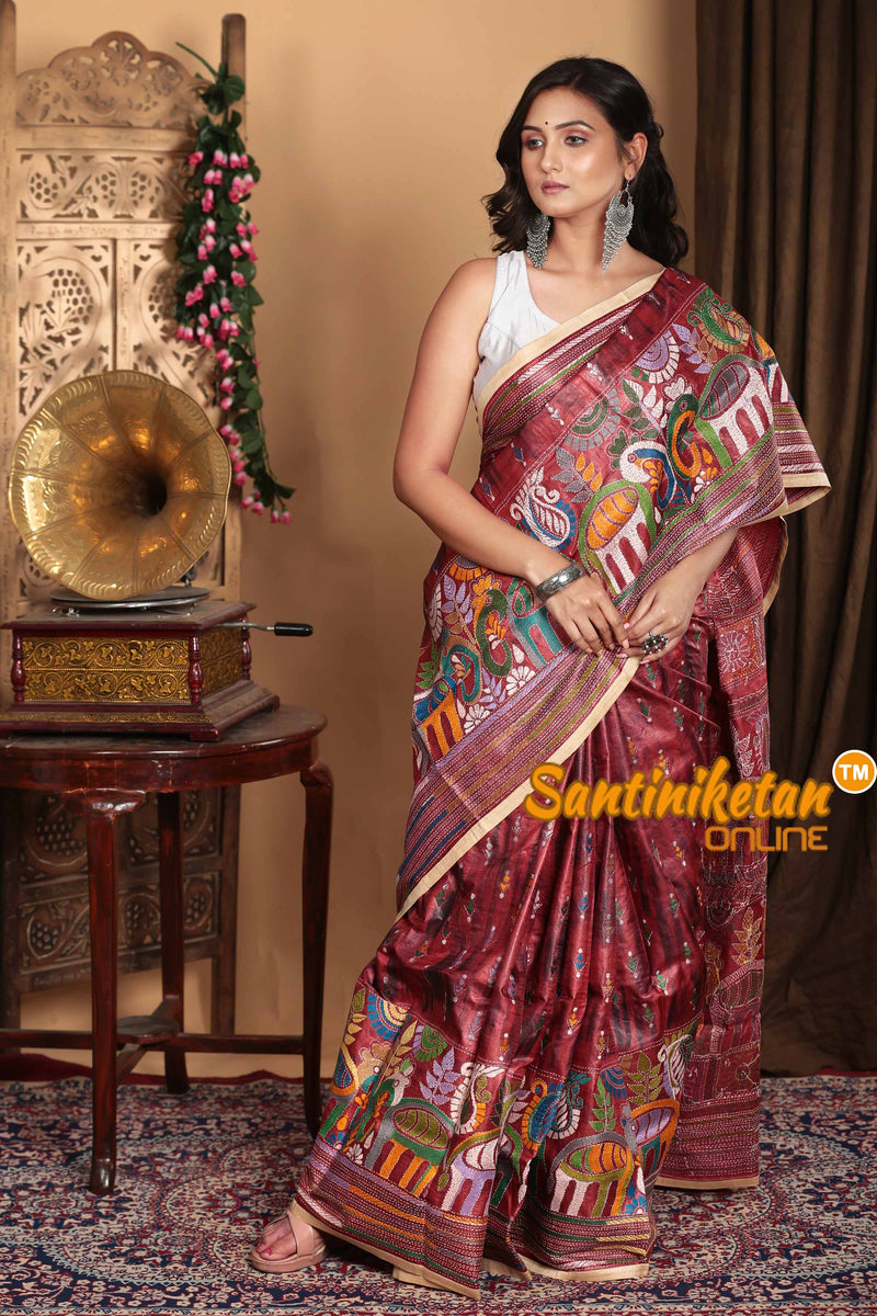 Pure Tussar Silk Kantha Stitch Saree SN2023A7252