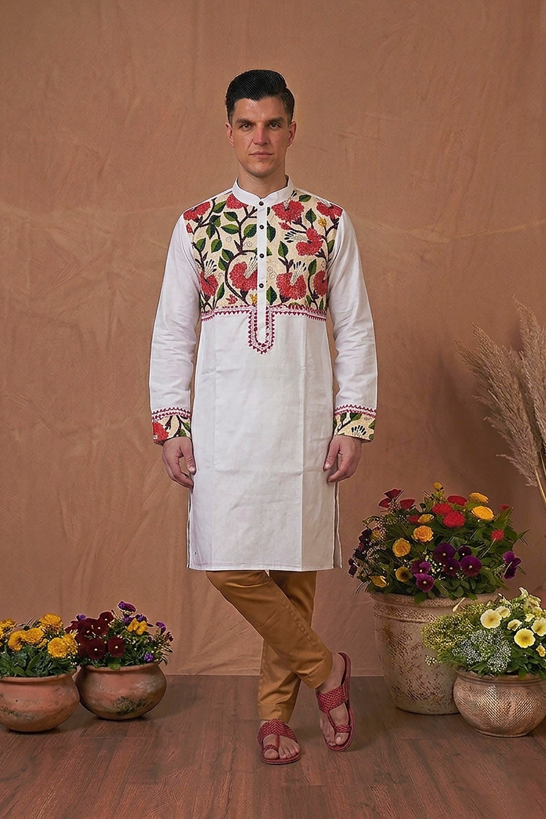 White Color Cotton with Multicolor Thread Kantha Patch Work Panjabi