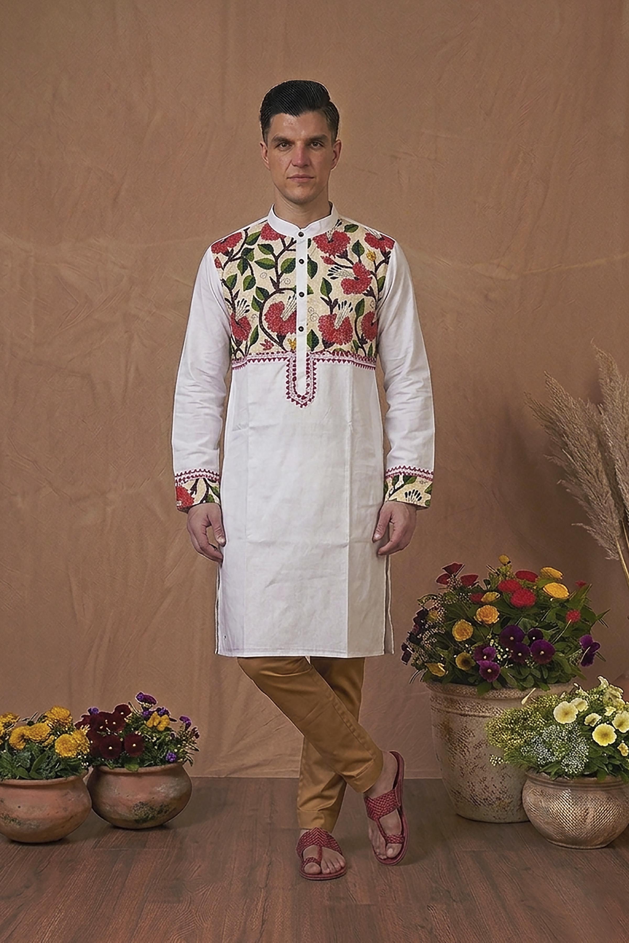 White Color Cotton with Multicolor Thread Kantha Patch Work Panjabi