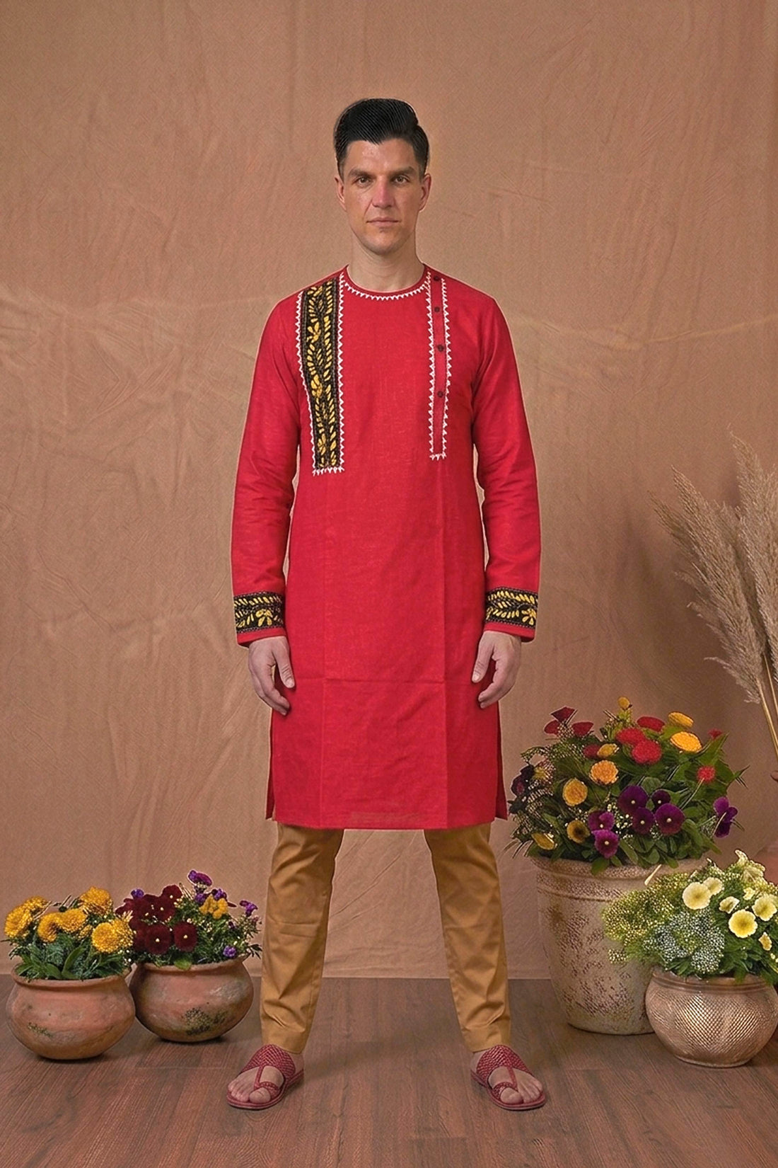Red Color Cotton with Multicolor Thread Kantha Patch Work Panjabi