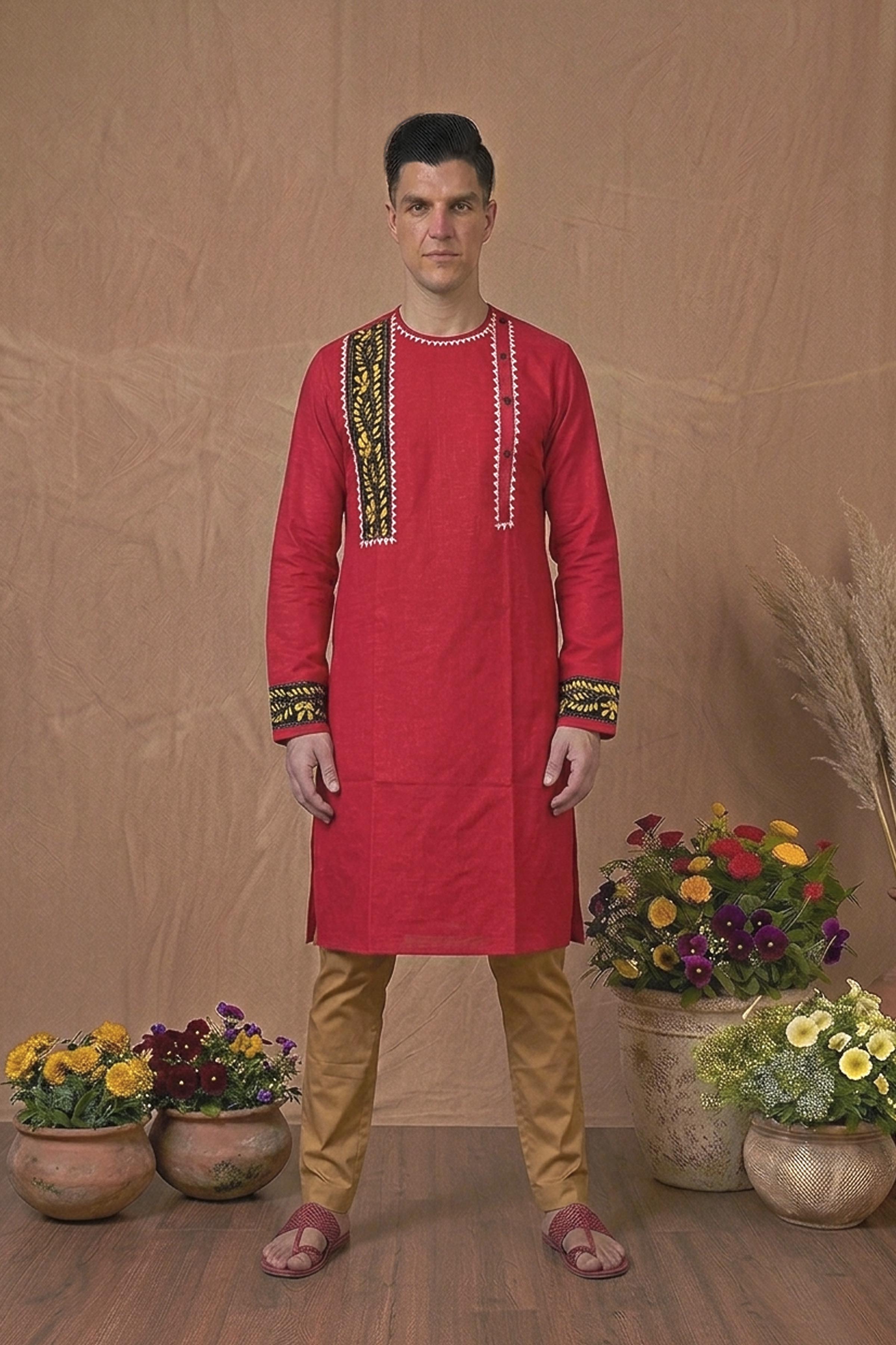 Red Color Cotton with Multicolor Thread Kantha Patch Work Panjabi