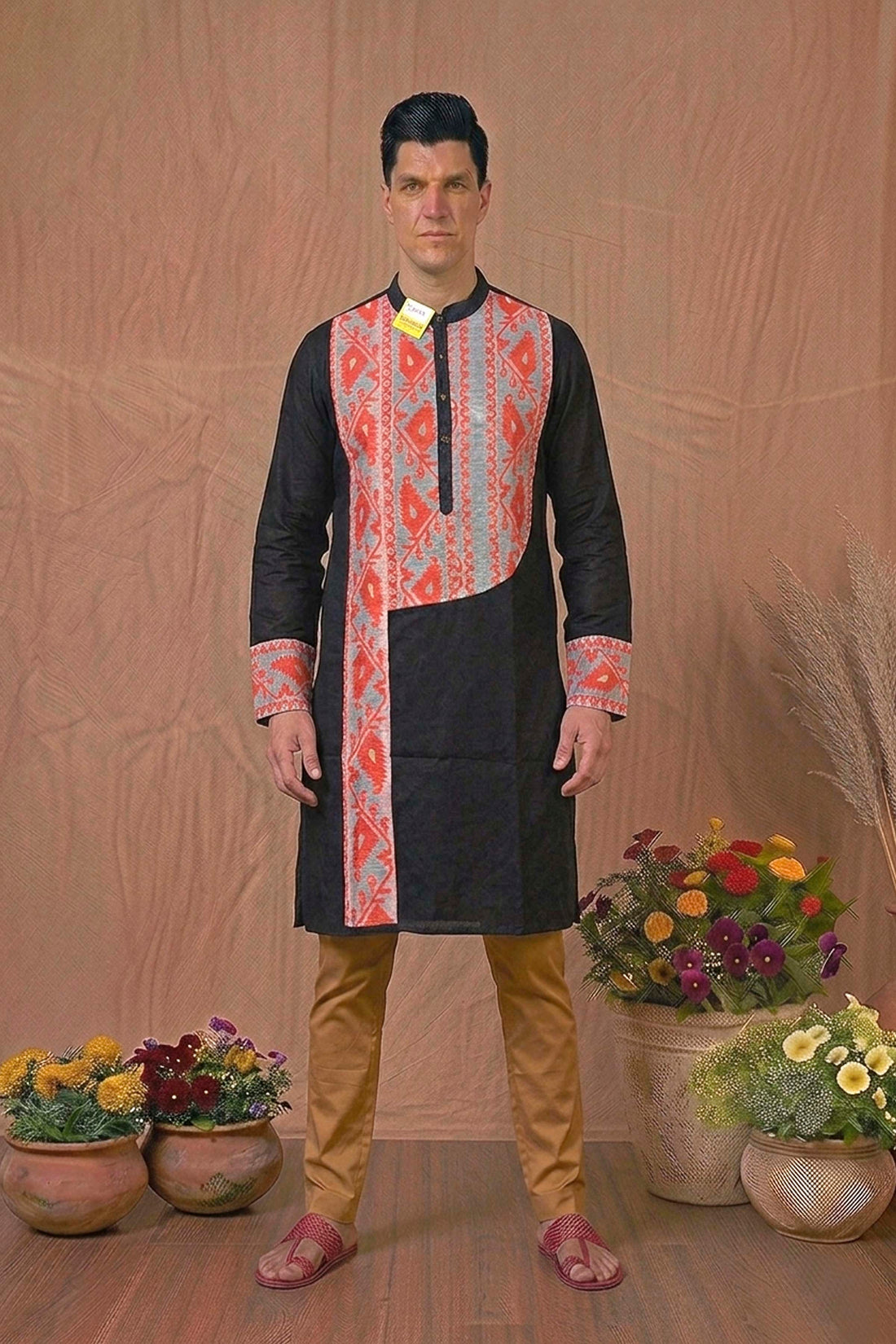 Black Color Cotton with Orange Jamdani Patch Work Panjabi
