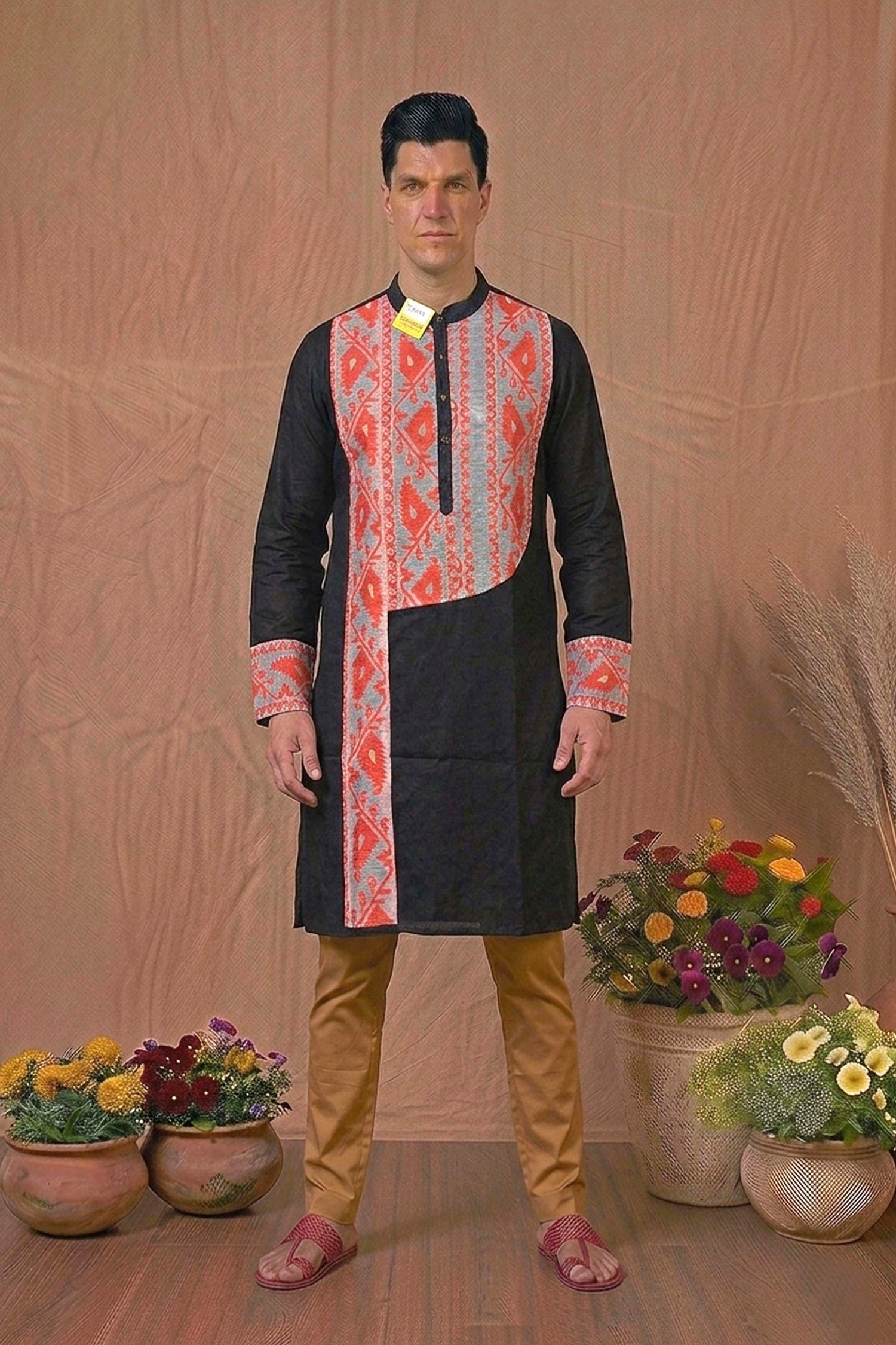 Black Color Cotton with Orange Jamdani Patch Work Panjabi
