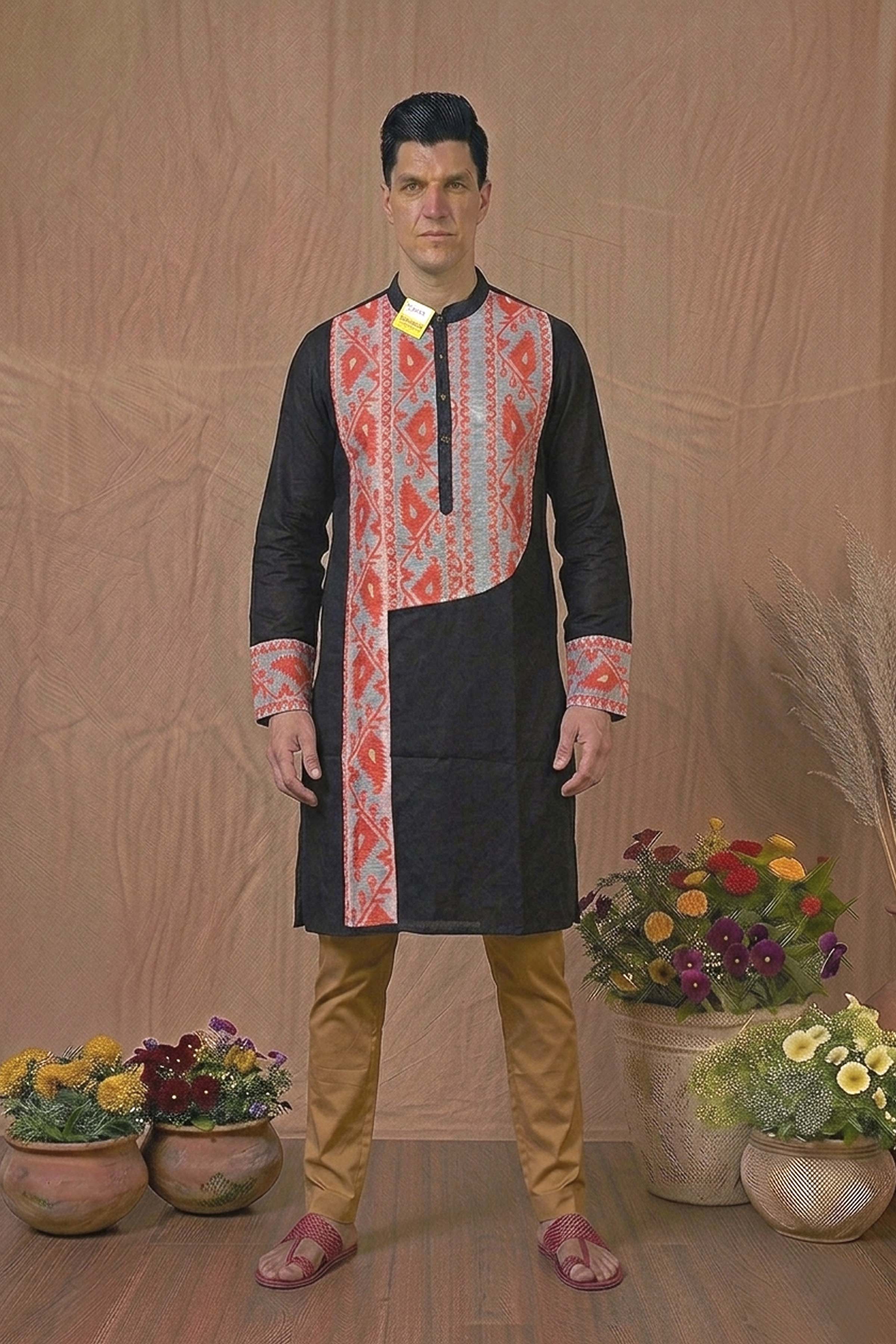 Black Color Cotton with Orange Jamdani Patch Work Panjabi