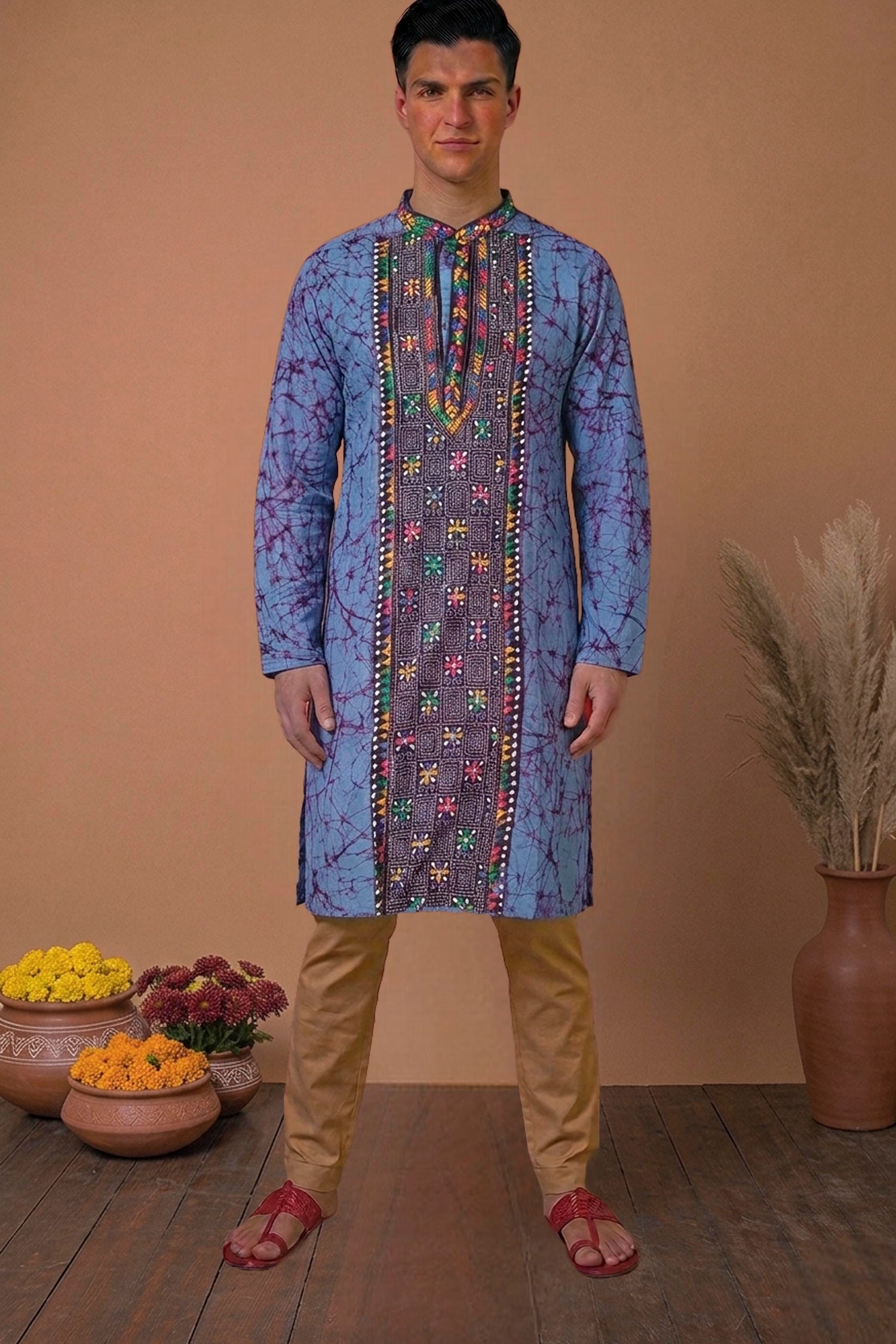 Blue Pure Cotton Batik with Kantha Work (Hand Embroidery) Panjabi
