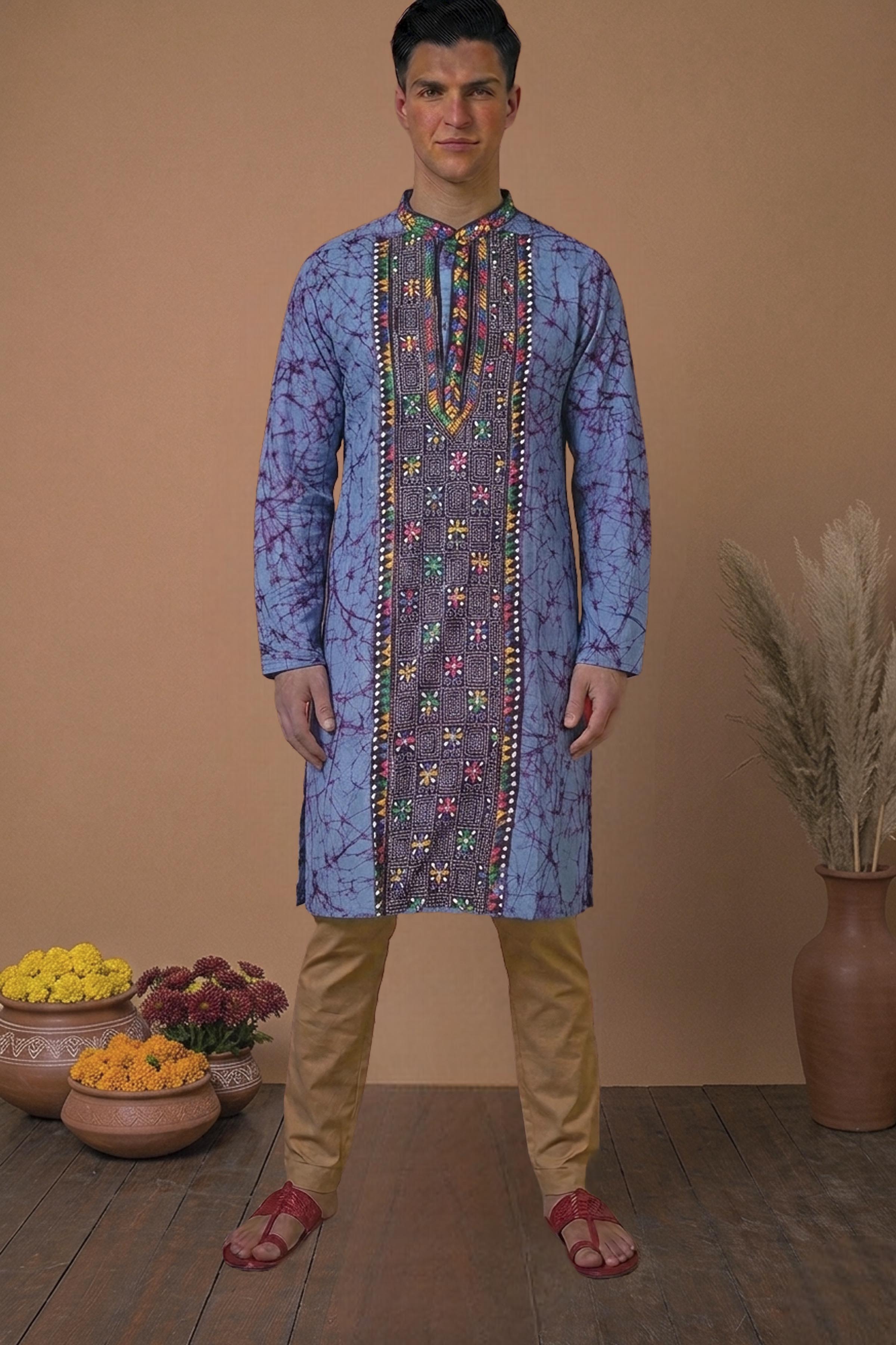 Blue Pure Cotton Batik with Kantha Work (Hand Embroidery) Panjabi