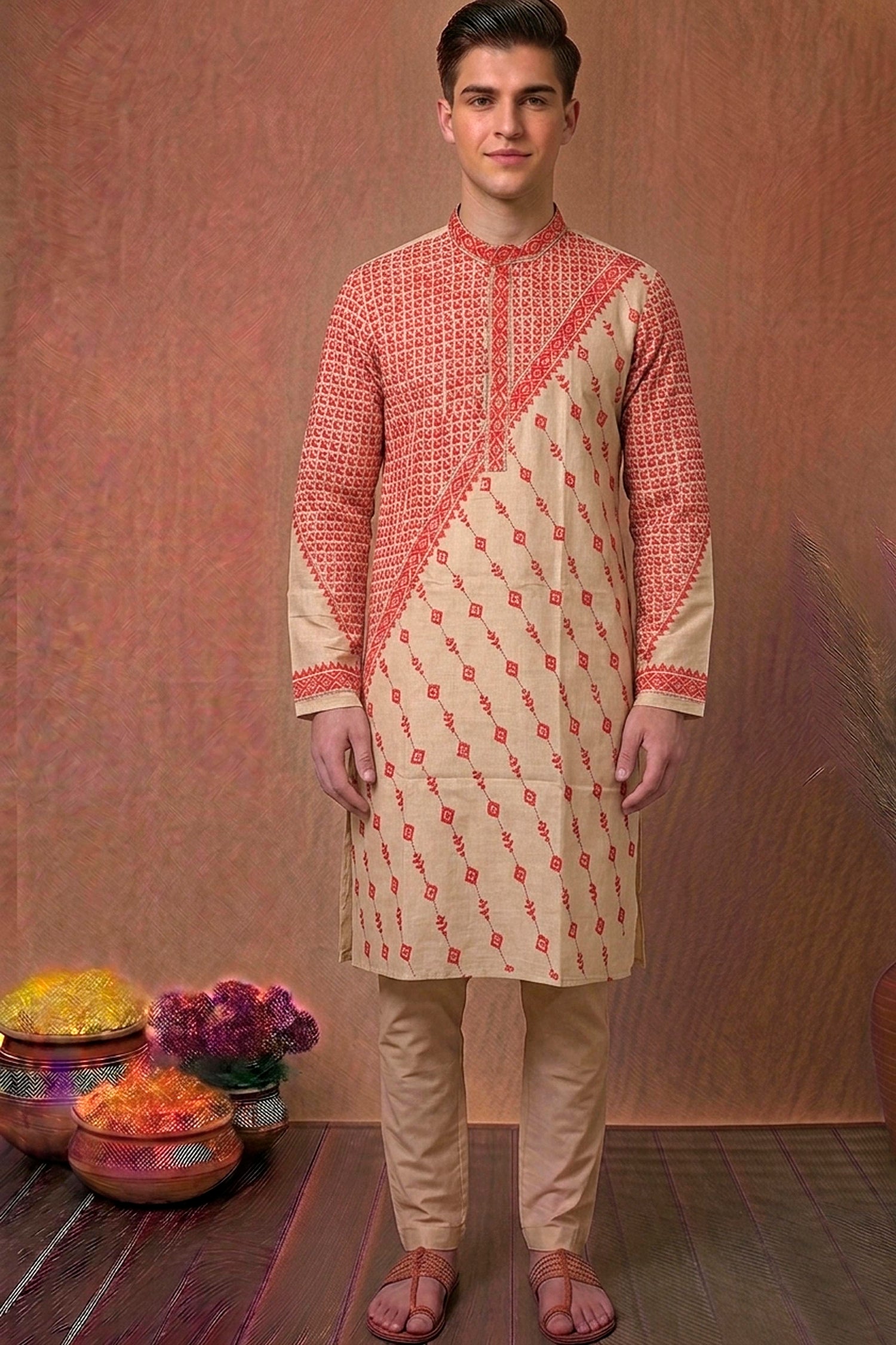 Beige Pure Tussar with Kantha Work (Hand Embroidery) Panjabi