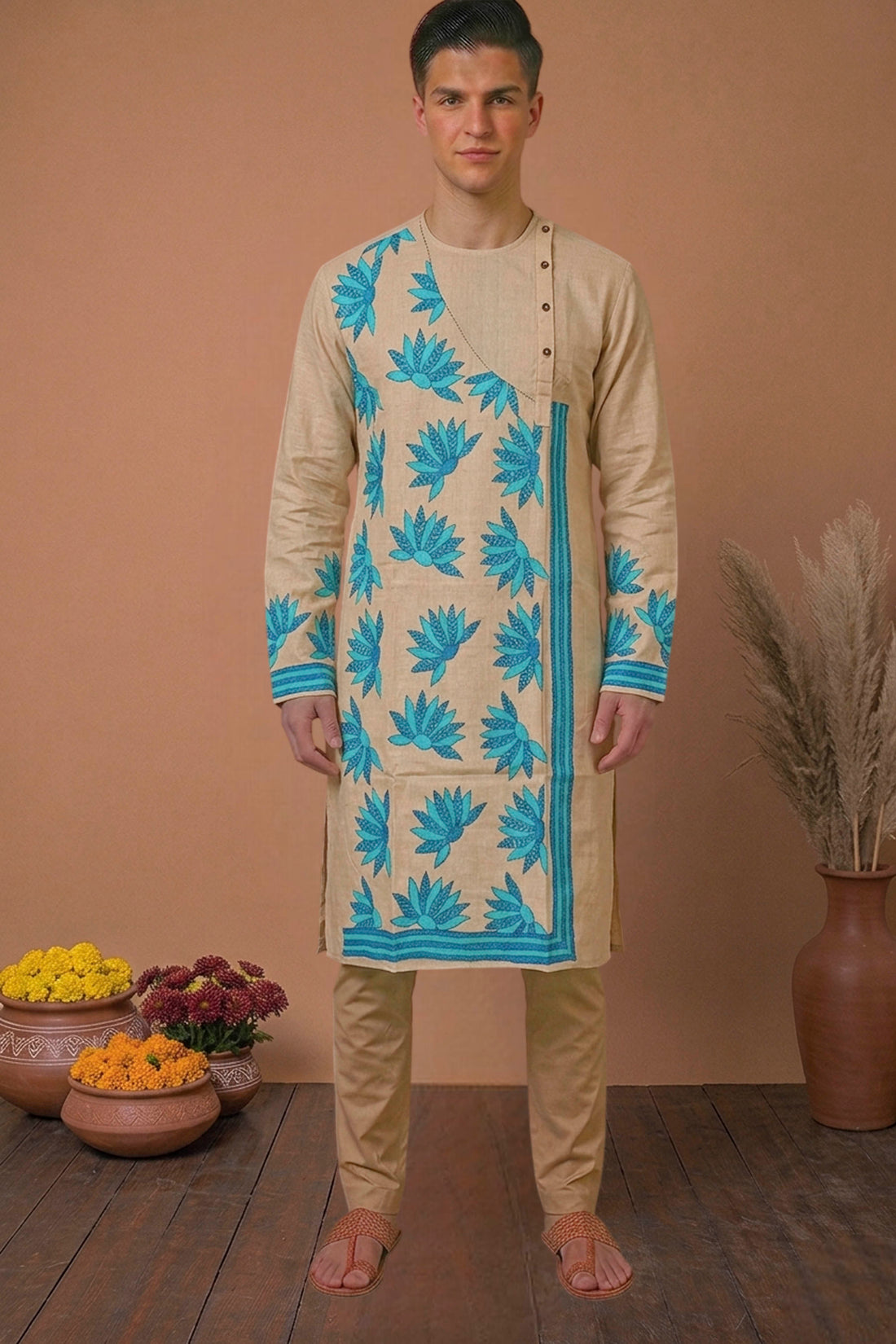 Beige Pure Tussar with Kantha Work (Hand Embroidery) Panjabi