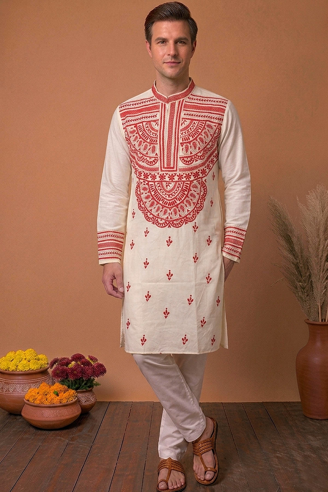 Off White Tussar with Kantha Work (Hand Embroidery) Panjabi