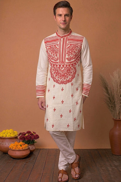 Off White Tussar with Kantha Work (Hand Embroidery) Panjabi