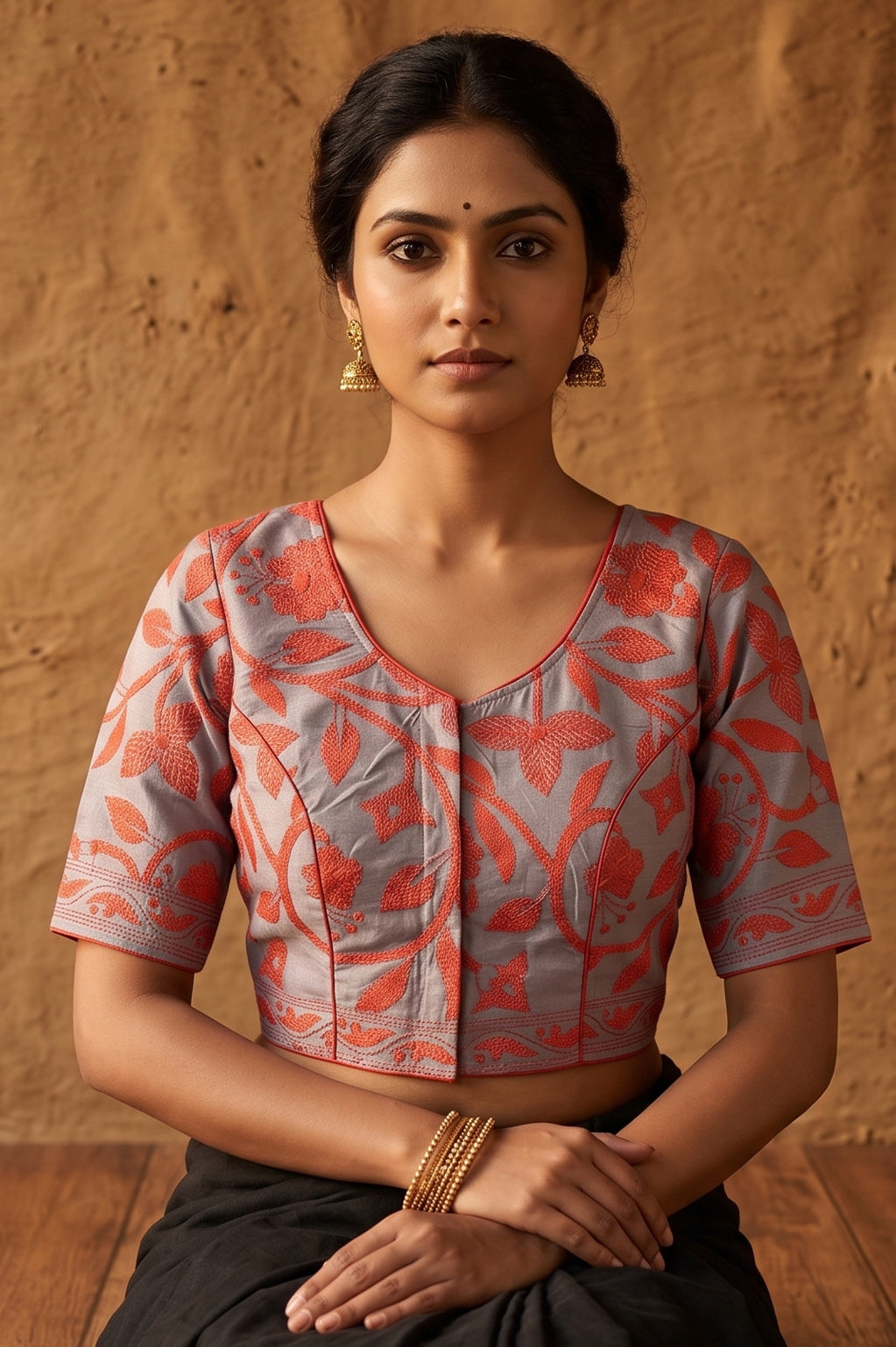 Grey Pure Bangalore Silk Kantha Stitch Blouse SN26WP078