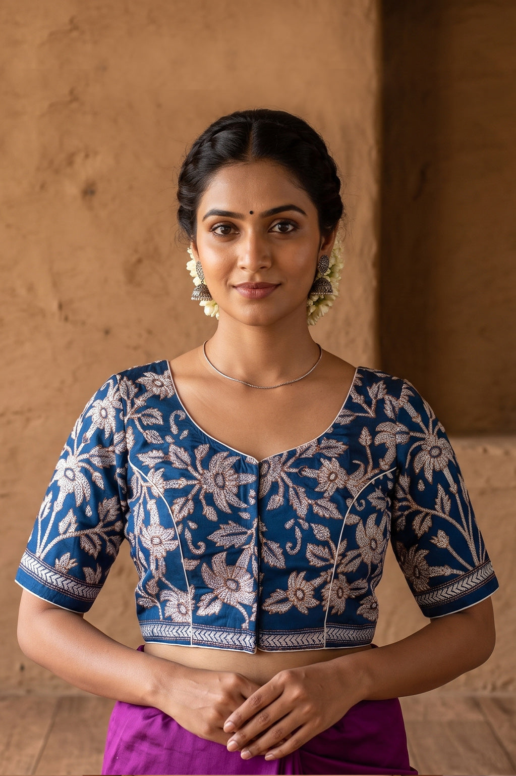 Regal Blue Pure Bangalore Silk Kantha Stitch Blouse SN26WP081