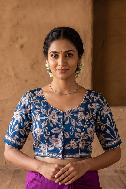 Regal Blue Pure Bangalore Silk Kantha Stitch Blouse SN26WP081