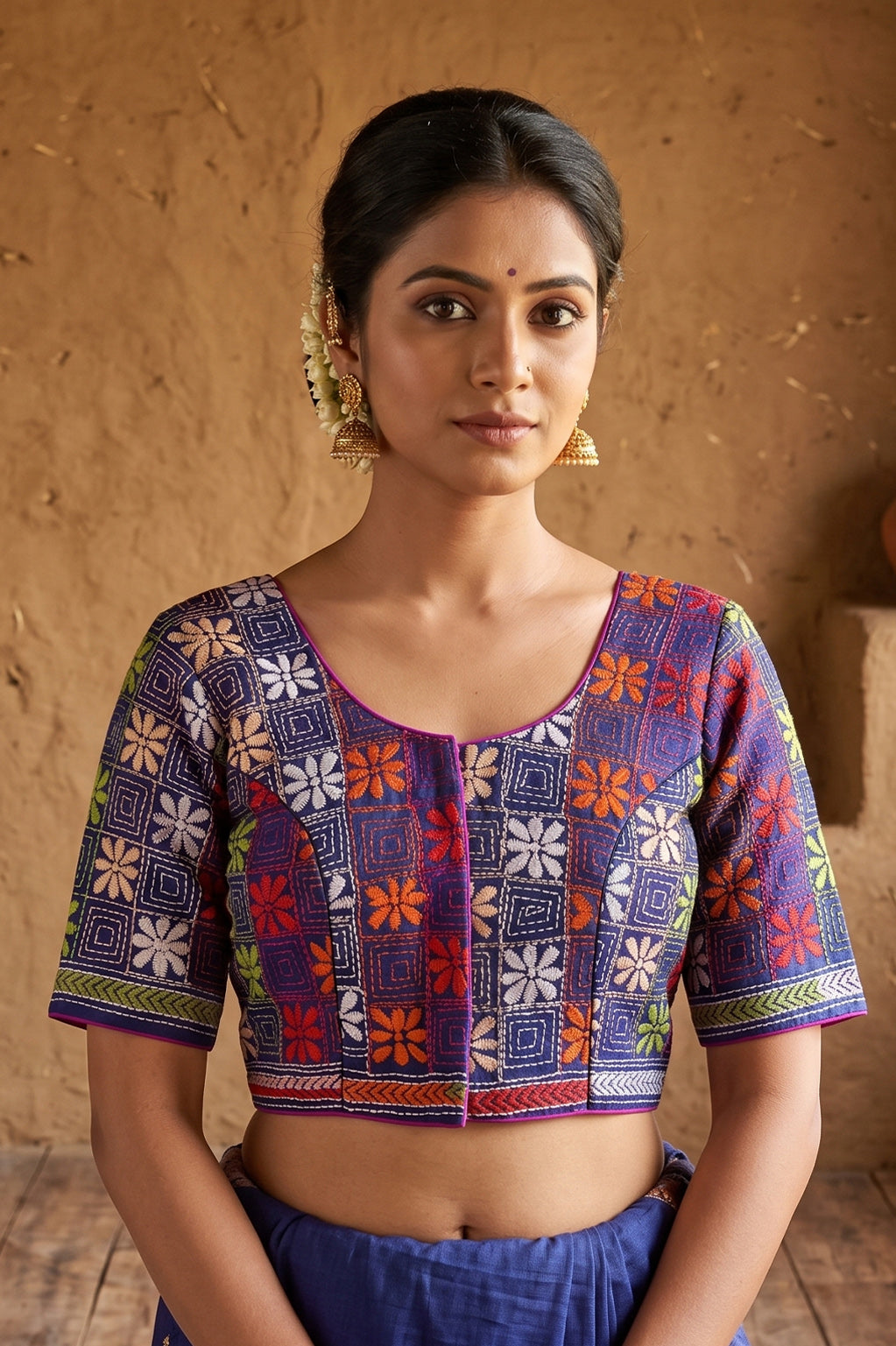 Blue Pure Bangalore Silk Kantha Stitch Blouse SN26WP082