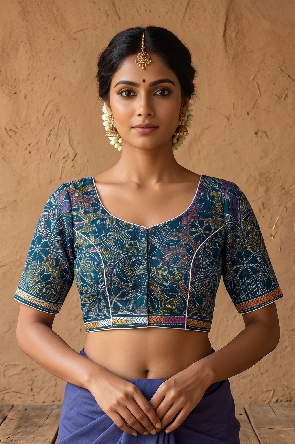 Denim Pure Bangalore Silk Kantha Stitch Blouse SN26WP084