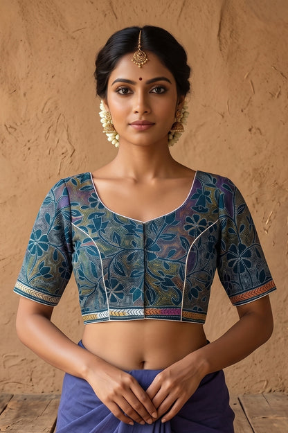 Denim Pure Bangalore Silk Kantha Stitch Blouse SN26WP084