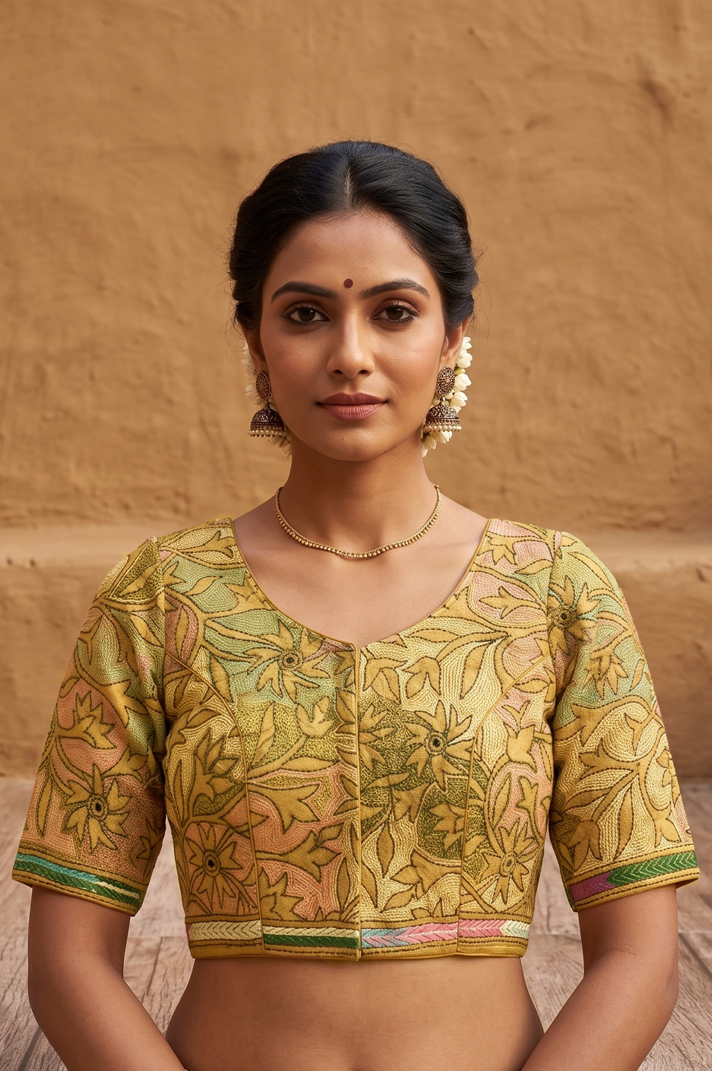 Yellow Pure Bangalore Silk Kantha Stitch Blouse SN26WP085