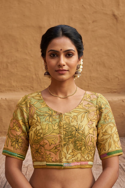 Yellow Pure Bangalore Silk Kantha Stitch Blouse SN26WP085
