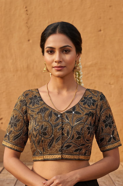 Black Pure Bangalore Silk Kantha Stitch Blouse SN26WP089