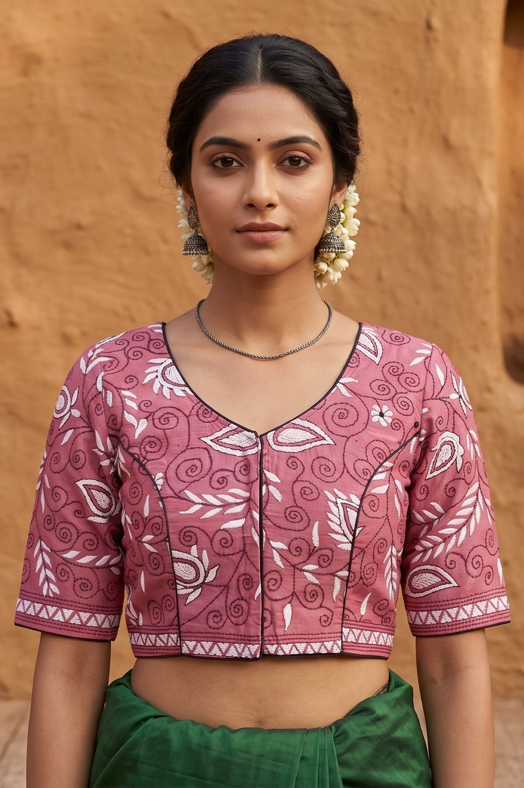 Pink Pure Bangalore Silk Kantha Stitch Blouse SN26WP091