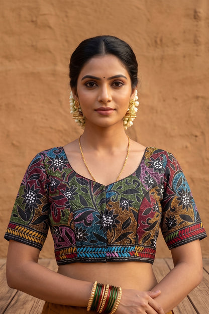 Black Pure Bangalore Silk Kantha Stitch Blouse SN26WP093