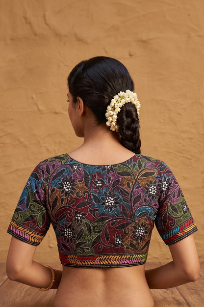 Black Pure Bangalore Silk Kantha Stitch Blouse SN26WP093