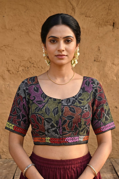 Black Pure Bangalore Silk Kantha Stitch Blouse SN26WP094