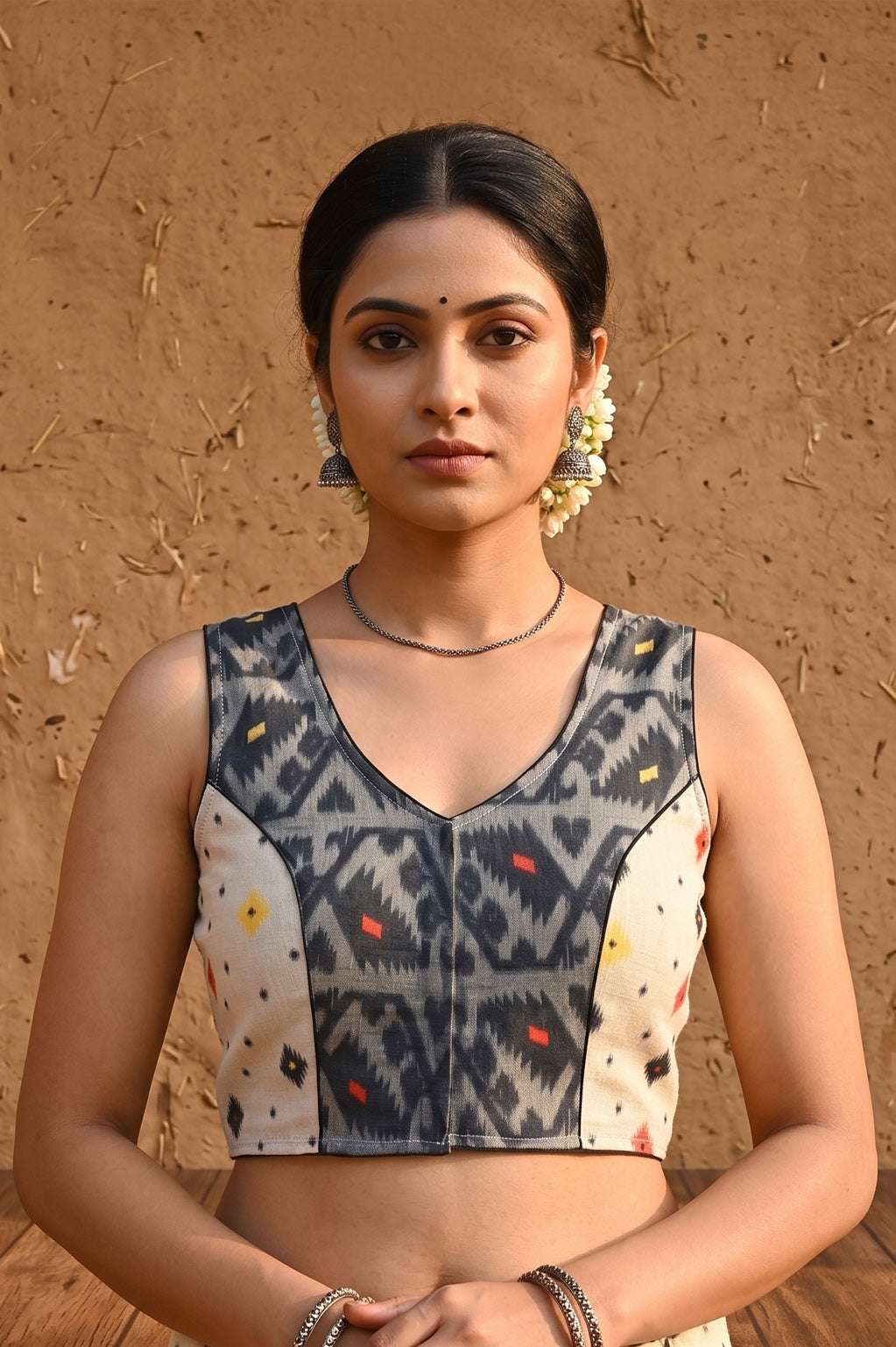 White-Black Sleeveless Rasham Jamdani Blouse SN26WP109