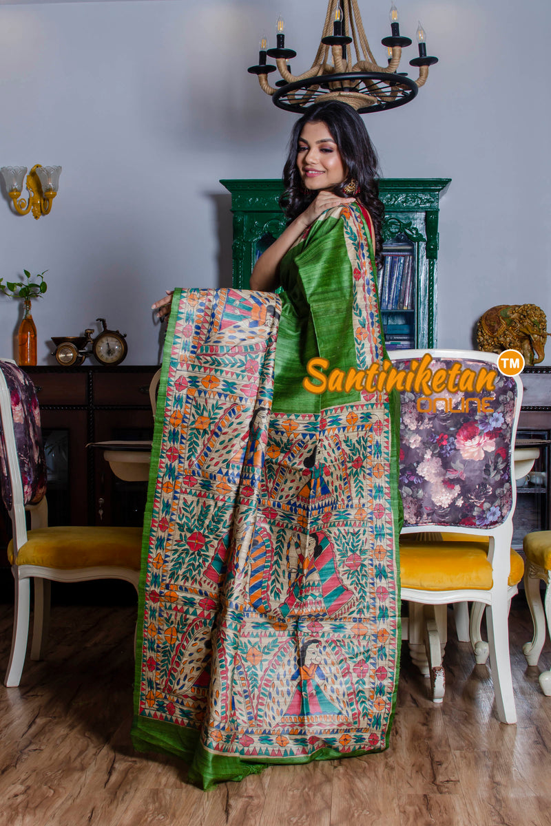 Pure Ghicha Silk Handcrafted Madhubani Saree SN20210270