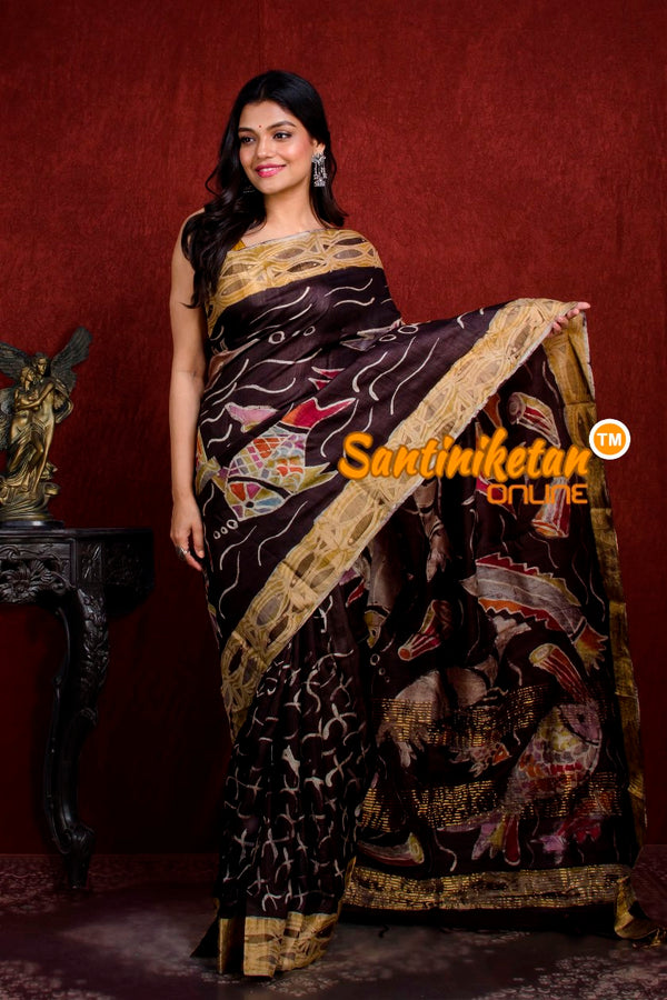 Hand Batik On Zari Tussar Silk SN20211015