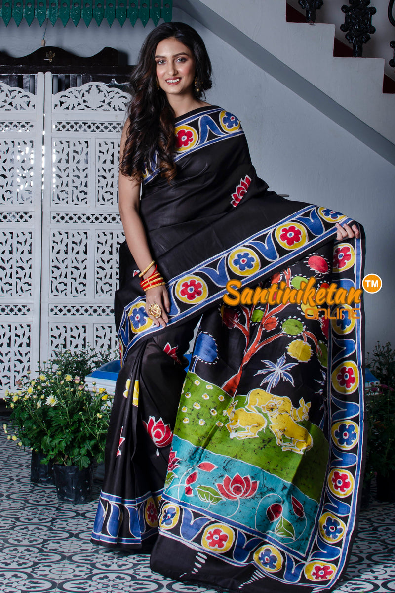 Hand Batik On Murshidabad Silk Saree SN20211239