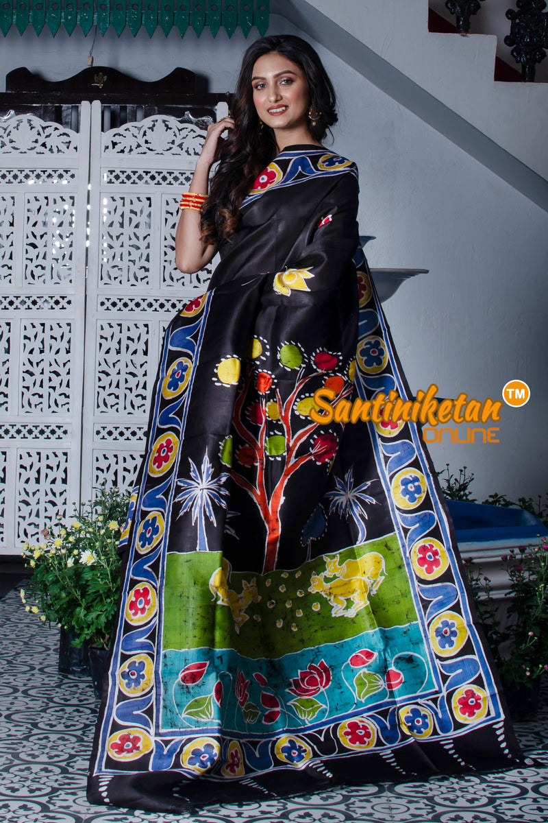 Hand Batik On Murshidabad Silk Saree SN20211239