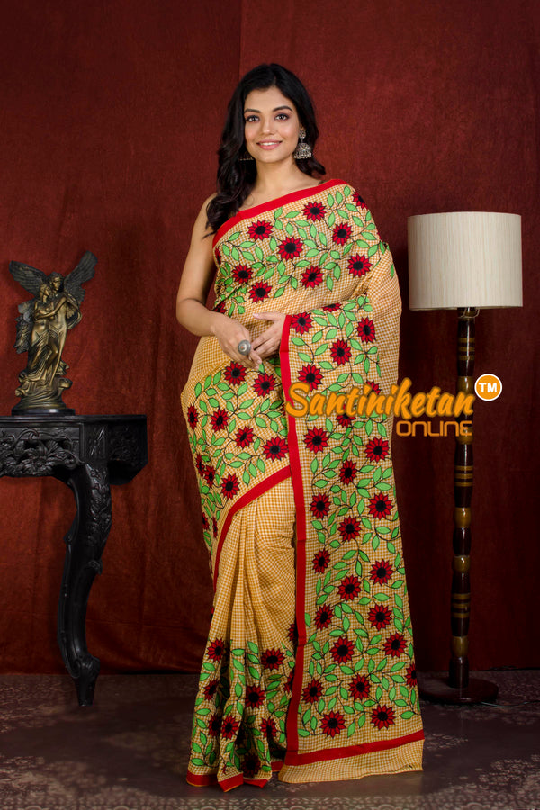 Soft Resham Handloom Check Flower Motif Applique Saree SN20213828