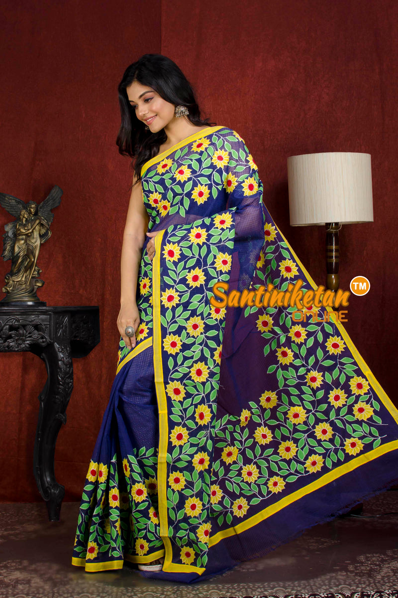 Soft Resham Handloom Check Flower Motif Applique Saree SN20213870