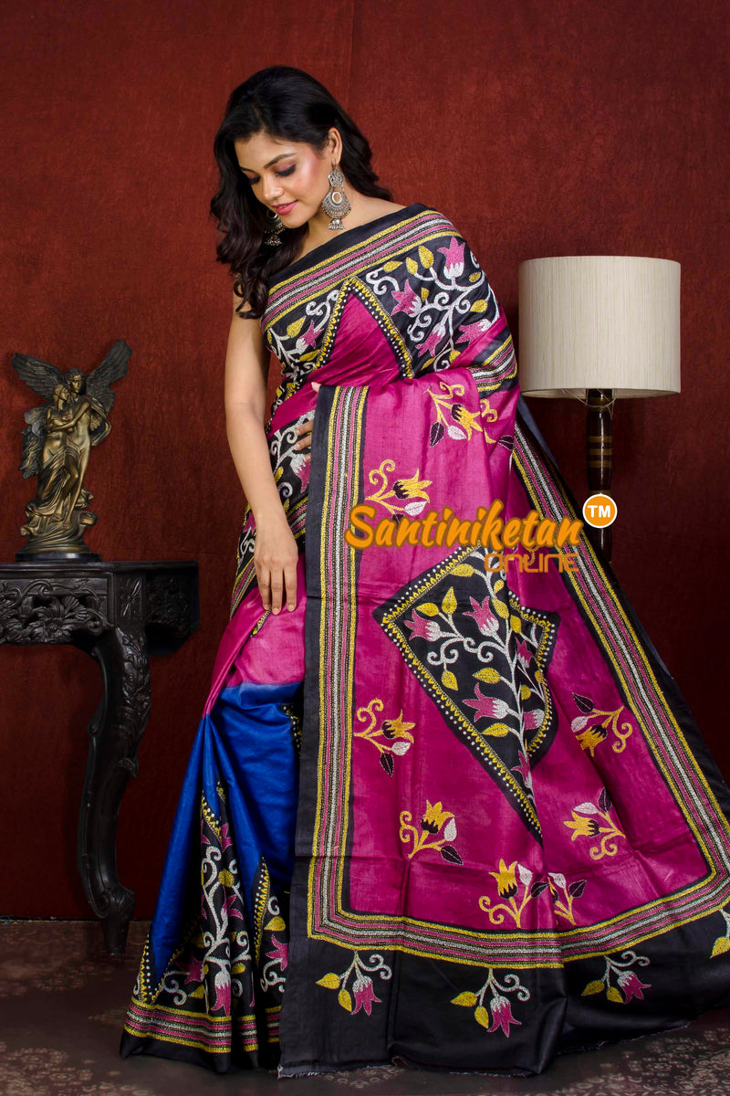 Dye Pure Tussar Kantha Stitch Saree SN20214700