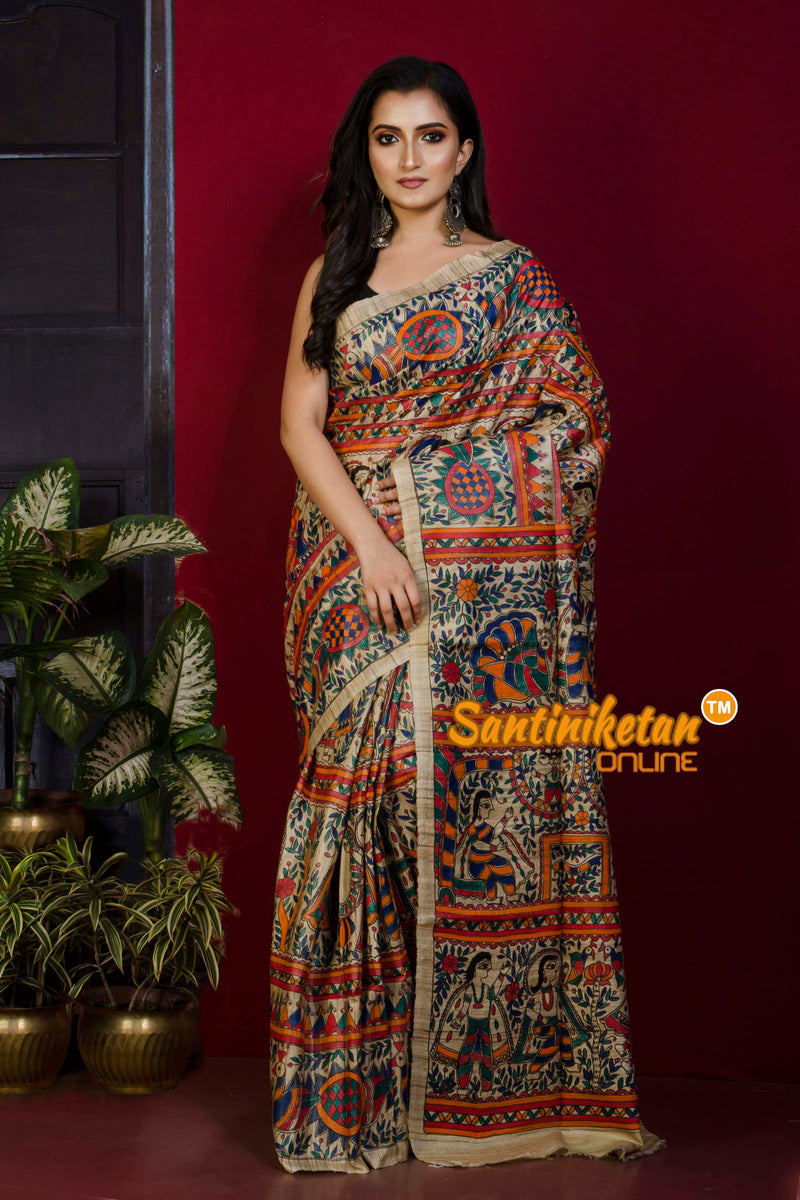 Pure Ghicha-Tussar Hand Painting Madhubani Saree SN20221386
