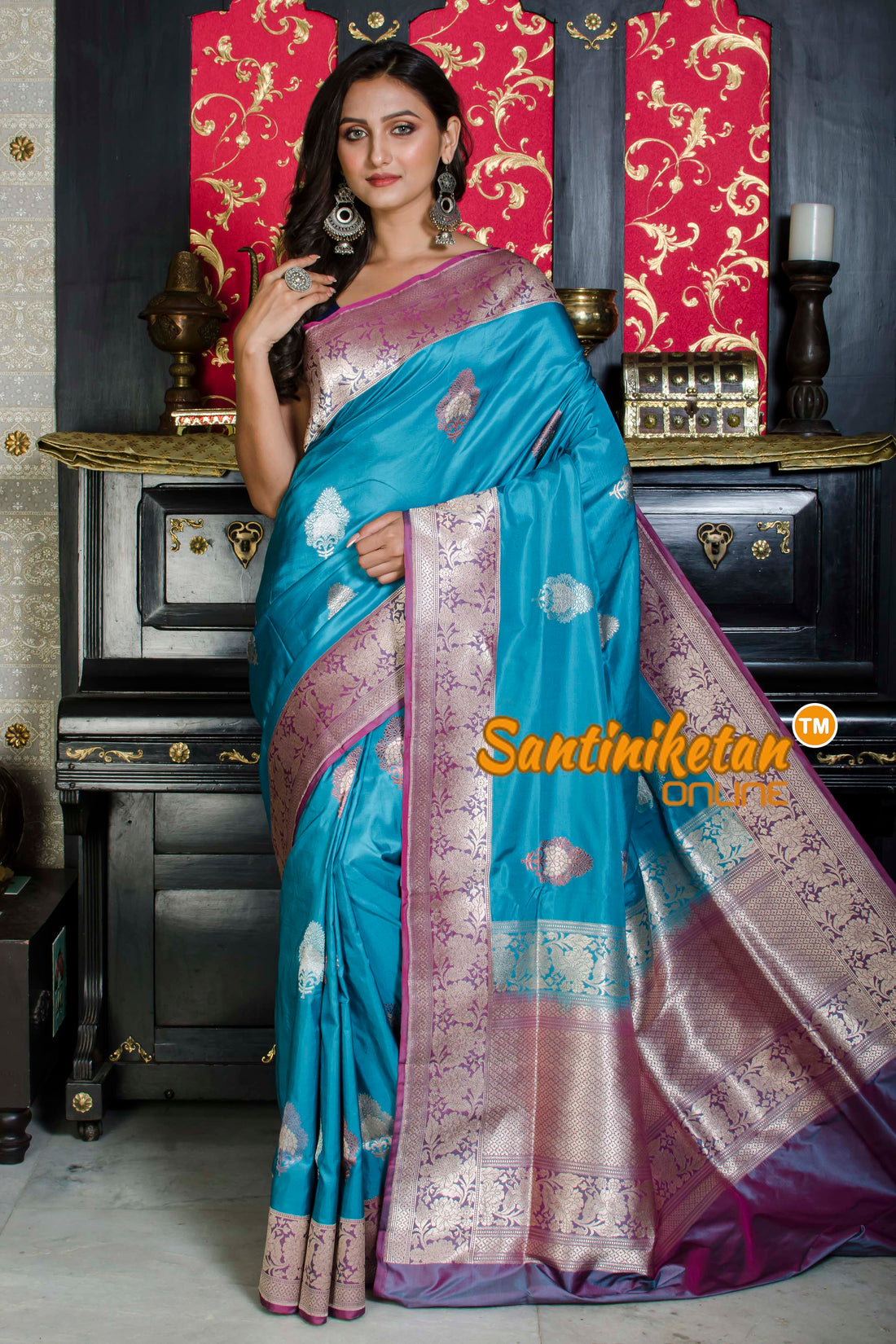 Sari SilkZari Zig Zag Kadhyal Style Border Meh 5 Col Buti SN20226137