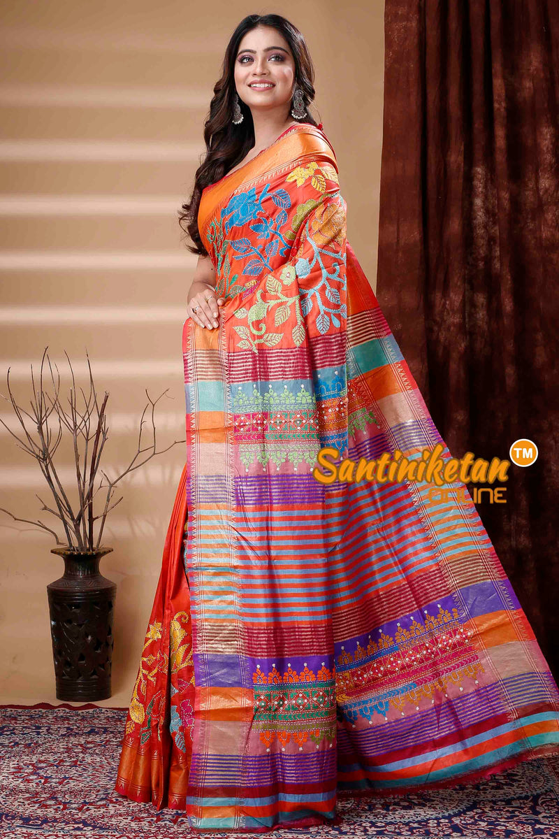 Bishnupuri (Katan) Silk Kantha Stitch Saree SN202310198