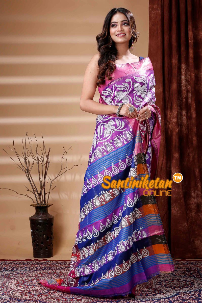 Bishnupuri (Katan) Silk Kantha Stitch Saree SN202310388