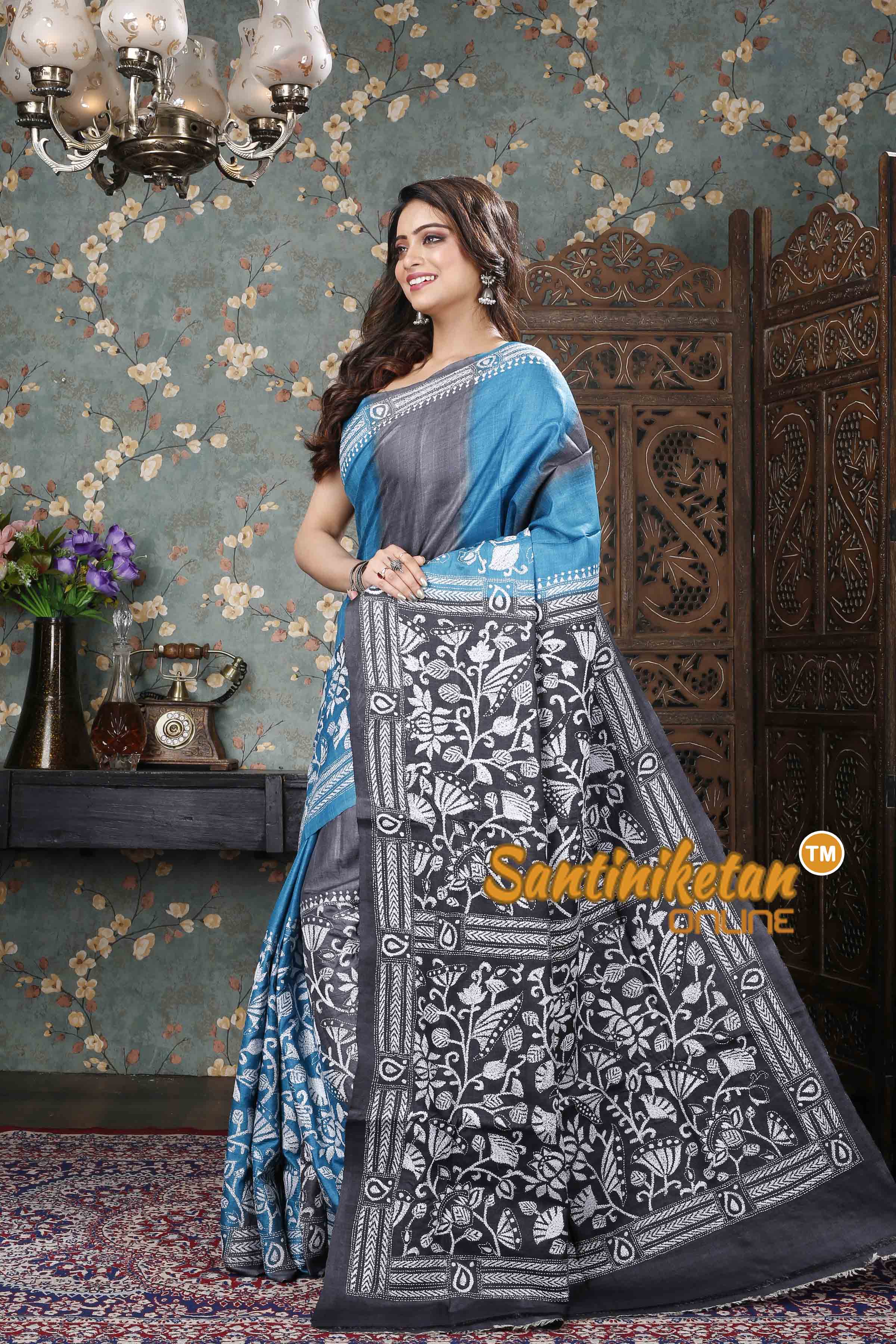 Dye Gachi Tussar Silk Kantha Stitch Saree SN20239377
