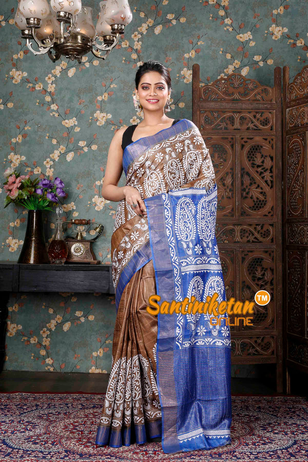 Kantha Stitch Tussar Silk Saree in Cream and Blue | Bengal Looms